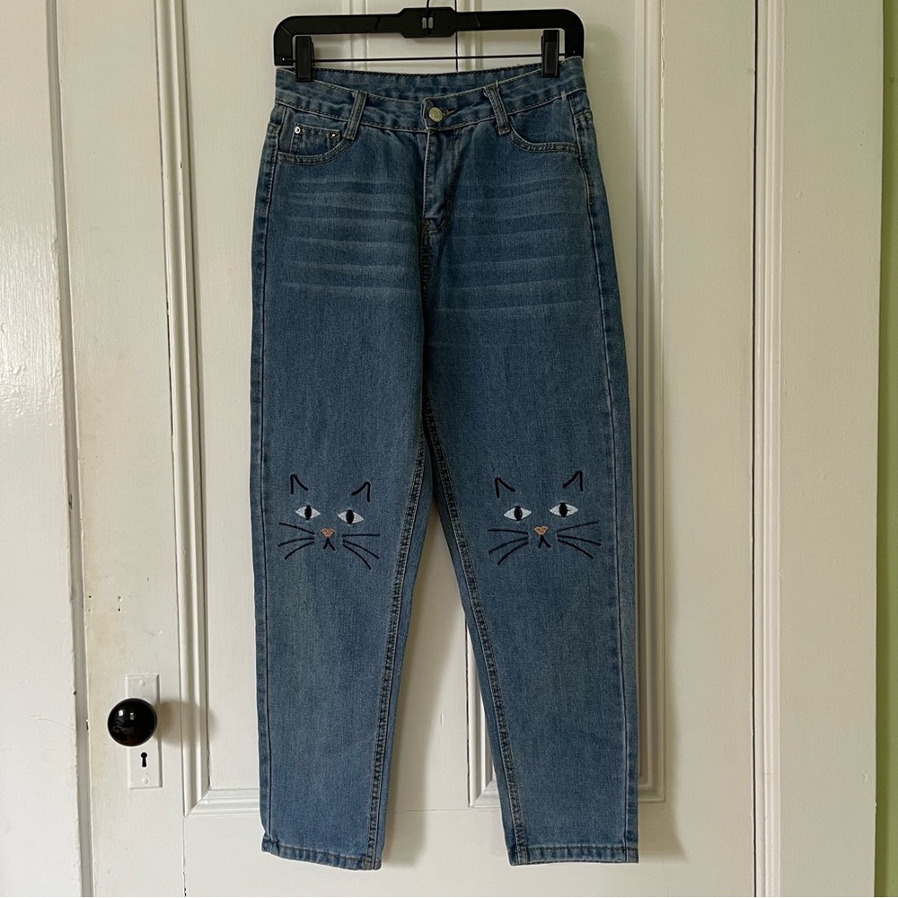 cat embroidered jeans